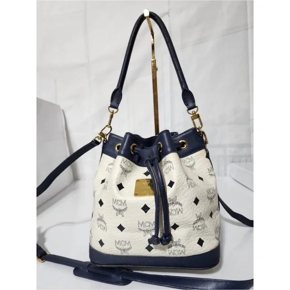 Authentic MCM 2way Visetos Small Drawstring Shoulder Bag White/Navy Blue - Picture 1 of 16